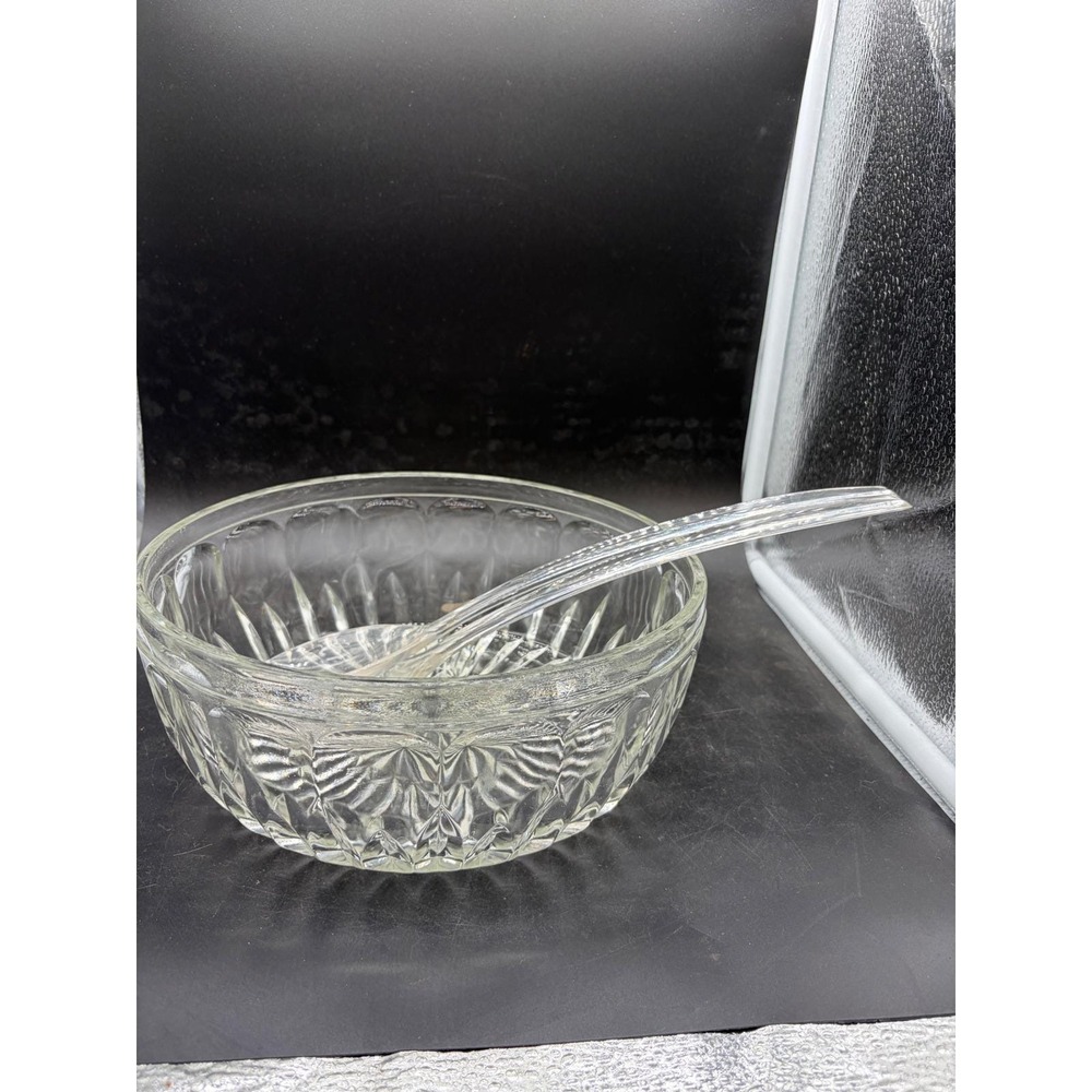 Vintage Clear Pressed Glass Salad Bowl with Matching Acrylic Serving Utensils‎